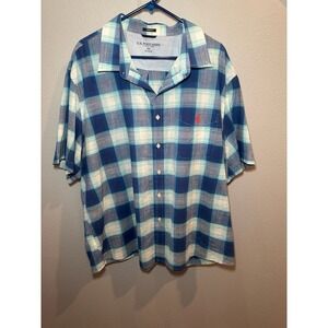 US Polo Assn. Men's Blue/White Plaid Cotton Short Sleeve Button-Up Shirt (3XL)